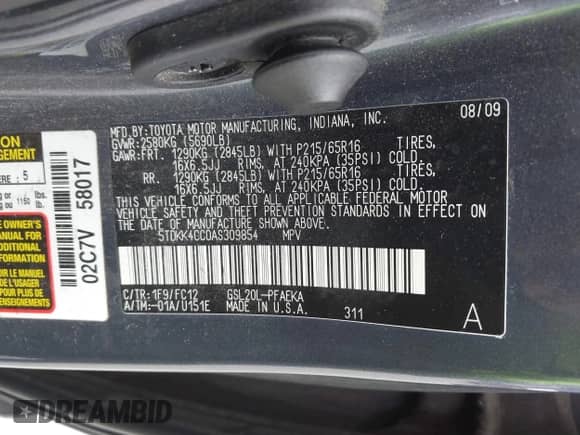 2010 Toyota Sienna CE с VIN 5TDKK4CC0AS309854, выставлен на аукционе IAAI как лот 43285095 с пробегом 342 642 миль миль и . История ставок и продаж доступна на DreamBid. Изображение 9.