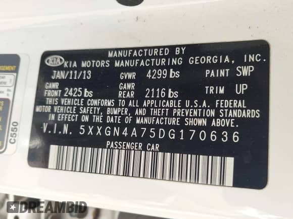 2013 KIA OPTIMA with VIN SXXGN4A75DG170636, listed as a IAAI auction lot 43096697 with 83,396 mi miles and . Bid and sale history available at DreamBid. Image 9.