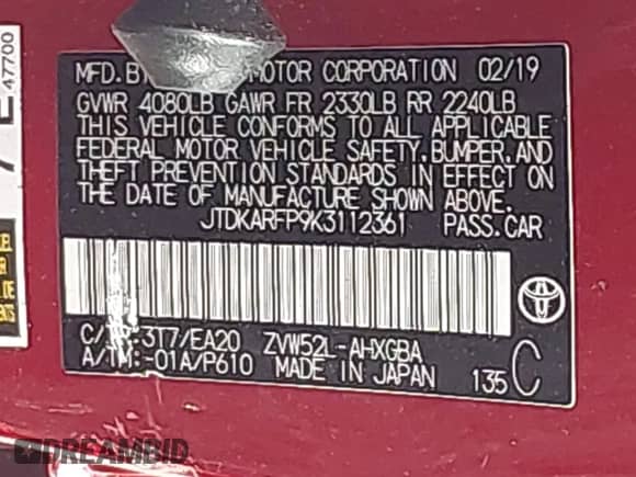 2019 Toyota Prius Plus with VIN JTDKARFP9K3112361, listed as a IAAI auction lot 43516048 with 146,111 mi miles and . Bid and sale history available at DreamBid. Image 9.