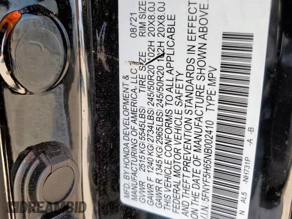 2022 Honda Pilot Touring 7-Passenger с VIN 5FNYF5H65NB002410, выставлен на аукционе Copart как лот 71237745 с пробегом 46 099 миль миль и Списание • Salvage title. История ставок и продаж доступна на DreamBid. Изображение 13.