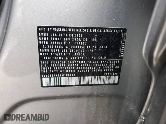 2019 Volkswagen Tiguan S с VIN 3VV0B7AX1KM186423, выставлен на аукционе Copart как лот 48183965 с пробегом 73 609 миль миль и Списание • Salvage title. История ставок и продаж доступна на DreamBid. Изображение 14.