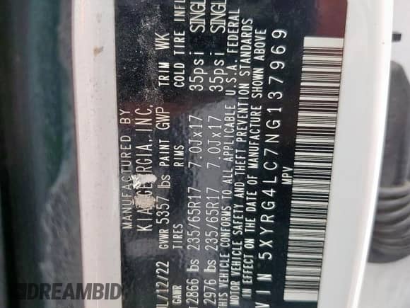 2022 Kia Sorento LX with VIN 5XYRG4LC7NG137969, listed as a Copart auction lot 66643995 with 55,430 mi miles and Salvage title. Bid and sale history available at DreamBid. Image 14.