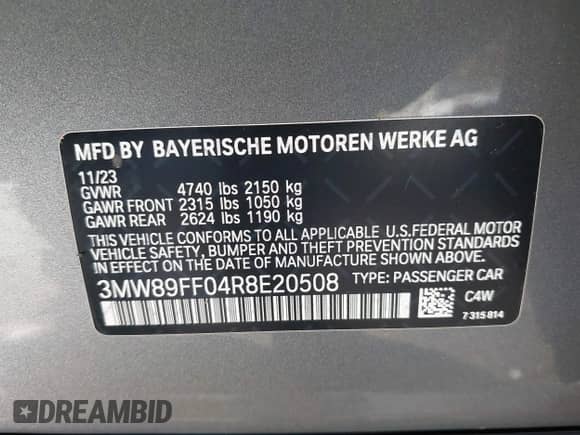 2024 BMW 3 Series 330i xDrive with VIN 3MW89FF04R8E20508, listed as a IAAI auction lot 43484691 with 3,206 mi miles and . Bid and sale history available at DreamBid. Image 9.