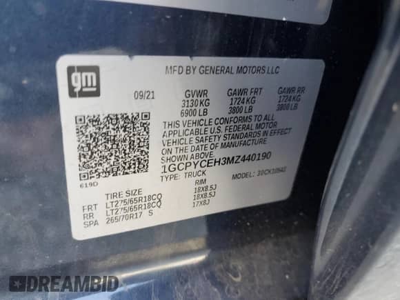 2021 Chevrolet Silverado 1500 Custom Trail Boss with VIN 1GCPYCEH3MZ440190, listed as a Copart auction lot 58587105 with 93,033 mi miles and Salvage title. Bid and sale history available at DreamBid. Image 13.