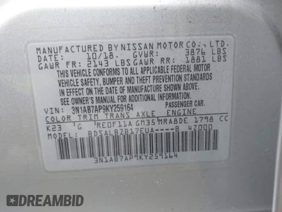 2019 Nissan Sentra S with VIN 3N1AB7AP9KY259164, listed as a IAAI auction lot 43452831 with 53,378 mi miles and . Bid and sale history available at DreamBid. Image 9.