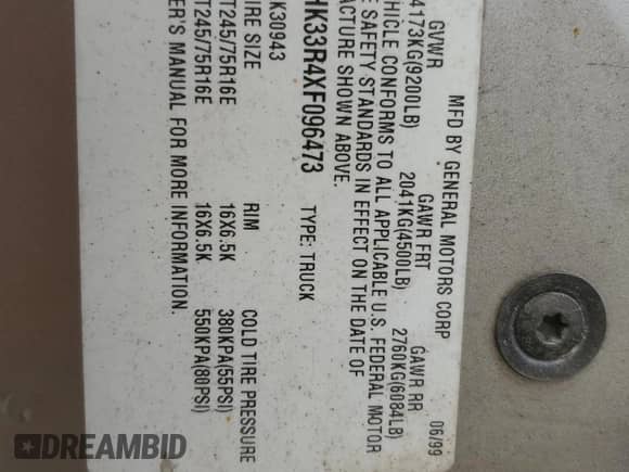 1999 Chevrolet Silverado 3500 z VIN 1GCHK33R4XF096473, wystawiony jako Copart lot #65189104 z przebiegiem 174 416 mil mil oraz Szkoda całkowita • Salvage title. Historia ofert i sprzedaży dostępna na DreamBid. Obrazek 12.