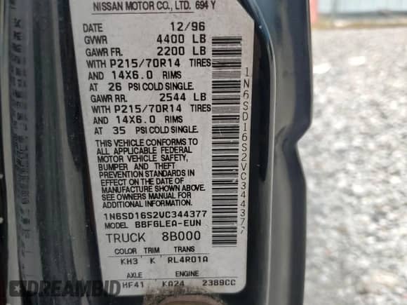 1997 Nissan Frontier XE with VIN 1N6SD16S2VC344377, listed as a Copart auction lot 69907755 with 306,826 mi miles and Salvage title. Bid and sale history available at DreamBid. Image 12.