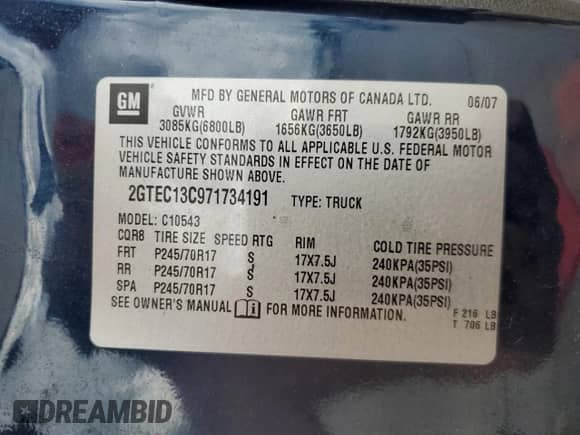 2007 GMC Sierra 1500 SLE1 z VIN 2GTEC13C971734191, wystawiony jako Copart lot #56504665 z przebiegiem 182 104 mil mil oraz Szkoda całkowita • Salvage title. Historia ofert i sprzedaży dostępna na DreamBid. Obrazek 12.