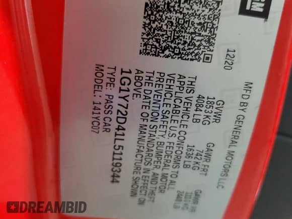 2020 Chevrolet Corvette 2LT с VIN 1G1Y72D41L5119344, выставлен на аукционе Copart как лот 55598304 с пробегом Не указан миль и Списание • Salvage title. История ставок и продаж доступна на DreamBid. Изображение 13.