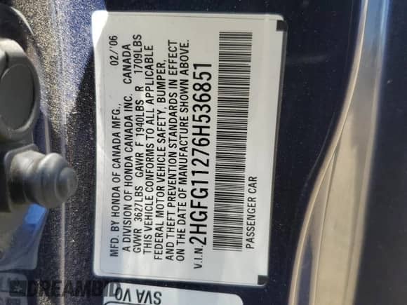 2006 Honda Civic with VIN 2HGFG11276H536851, listed as a Copart auction lot 67012315 with 135,318 mi miles and Salvage title. Bid and sale history available at DreamBid. Image 12.