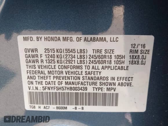 2017 Honda Pilot EX-L with VIN 5FNYF5H57HB003439, listed as a IAAI auction lot 43244310 with 83,852 mi miles and . Bid and sale history available at DreamBid. Image 9.