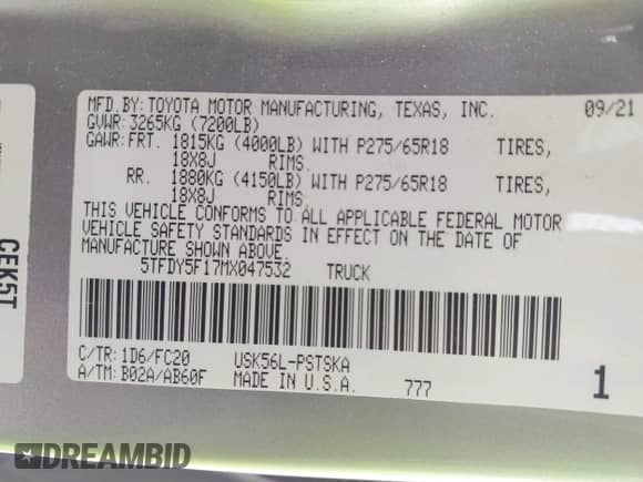 2021 Toyota Tundra SR5 z VIN 5TFDY5F17MX047532, wystawiony jako IAAI lot #42384142 z przebiegiem 79 318 mil mil oraz . Historia ofert i sprzedaży dostępna na DreamBid. Obrazek 9.
