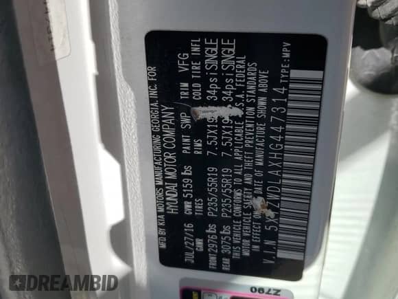 2017 Hyundai Santa Fe Ultimate с VIN 5XYZWDLAXHG447314, выставлен на аукционе Copart как лот 85910775 с пробегом 121 017 миль миль и Списание • Salvage title. История ставок и продаж доступна на DreamBid. Изображение 13.