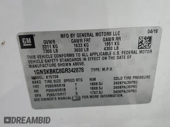 2016 Chevrolet Tahoe LT with VIN 1GNSKBKC8GR342878, listed as a Copart auction lot 69743265 with Not provided miles and Salvage title. Bid and sale history available at DreamBid. Image 13.