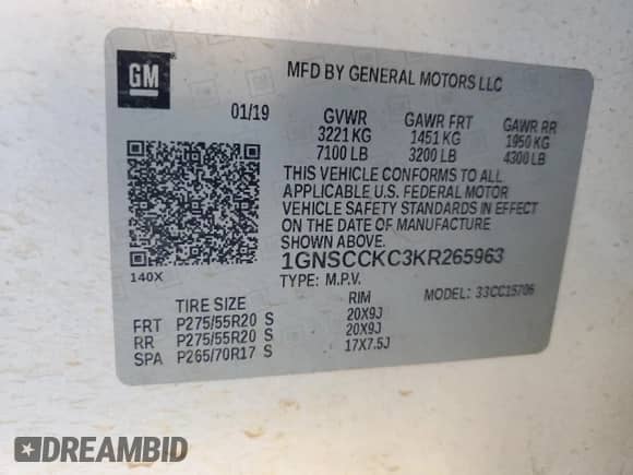 2019 Chevrolet Tahoe Premier with VIN 1GNSCCKC3KR265963, listed as a Copart auction lot 86005154 with 66,779 mi miles and Salvage title. Bid and sale history available at DreamBid. Image 14.