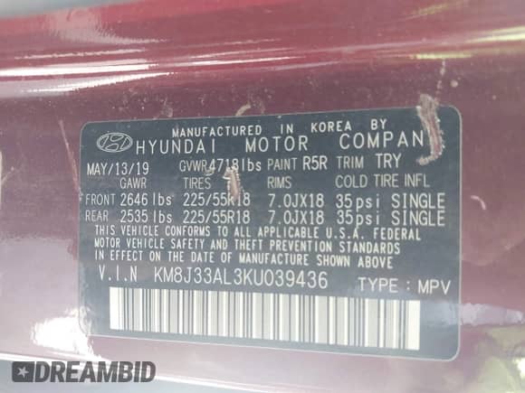 2019 Hyundai Tucson Sport z VIN KM8J33AL3KU039436, wystawiony jako IAAI lot #42021571 z przebiegiem 94 981 mil mil oraz . Historia ofert i sprzedaży dostępna na DreamBid. Obrazek 9.