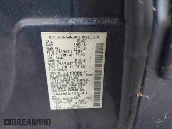2005 Nissan Pathfinder SE z VIN 5N1AR18U95C726349, wystawiony jako IAAI lot #41842285 z przebiegiem 251 500 mil mil oraz . Historia ofert i sprzedaży dostępna na DreamBid. Obrazek 9.