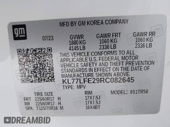 2024 Chevrolet Trax LS with VIN KL77LFE29RC082645, listed as a IAAI auction lot 43030987 with 22,965 mi miles and . Bid and sale history available at DreamBid. Image 9.