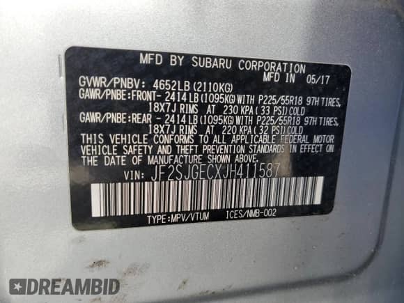 2018 Subaru Forester Premium with VIN JF2SJGECXJH411587, listed as a Copart auction lot 68100385 with 99,274 mi miles and Salvage title. Bid and sale history available at DreamBid. Image 14.