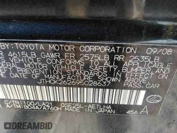 2009 Lexus IS 250 z VIN JTHCK262695028637, wystawiony jako IAAI lot #42117754 z przebiegiem 156 121 mil mil oraz . Historia ofert i sprzedaży dostępna na DreamBid. Obrazek 9.