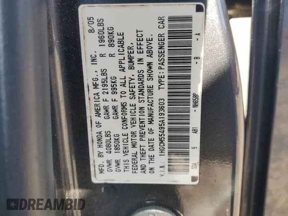 2005 Honda Accord LX with VIN 1HGCM55495A193603, listed as a Copart auction lot 65882695 with 186,386 mi miles and Salvage title. Bid and sale history available at DreamBid. Image 12.