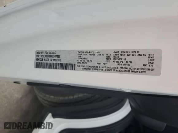 2023 Ram ProMaster Cargo с VIN 3C6LRVBG4PE587368, выставлен на аукционе Copart как лот 44138205 с пробегом 5 685 миль миль и Списание • Salvage title. История ставок и продаж доступна на DreamBid. Изображение 12.