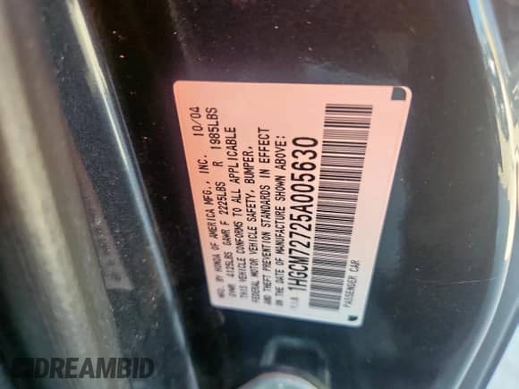 2005 Honda Accord EX with VIN 1HGCM72725A005630, listed as a Copart auction lot 67310195 with 249,362 mi miles and Salvage title. Bid and sale history available at DreamBid. Image 12.