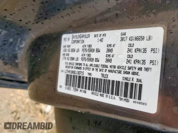2002 Dodge 1500 with VIN 1D7HA18N92J183715, listed as a Copart auction lot 84000595 with 205,124 mi miles and Salvage title. Bid and sale history available at DreamBid. Image 12.