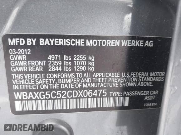 2012 BMW 5 Series 528i z VIN WBAXG5C52CDX06475, wystawiony jako IAAI lot #42440525 z przebiegiem 124 496 mil mil oraz . Historia ofert i sprzedaży dostępna na DreamBid. Obrazek 9.