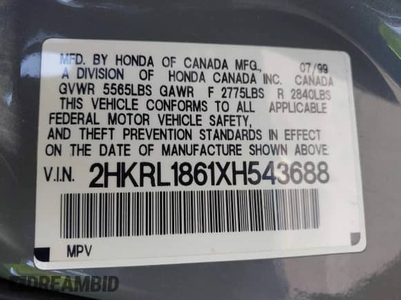 1999 Honda Odyssey EX с VIN 2HKRL1861XH543688, выставлен на аукционе IAAI как лот 43277015 с пробегом 202 061 миль миль и . История ставок и продаж доступна на DreamBid. Изображение 9.