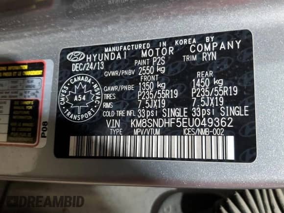 2014 Hyundai Santa Fe Limited z VIN KM8SNDHF5EU049362, wystawiony jako Copart lot #84289104 z przebiegiem 242 376 mil mil oraz Szkoda całkowita • Salvage title. Historia ofert i sprzedaży dostępna na DreamBid. Obrazek 13.