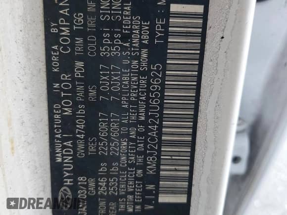 2018 Hyundai Tucson SE с VIN KM8J2CA42JU659625, выставлен на аукционе Copart как лот 71848125 с пробегом Не указан миль и Списание • Salvage title. История ставок и продаж доступна на DreamBid. Изображение 13.