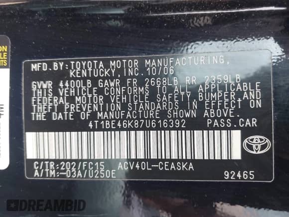 2007 Toyota Camry CE с VIN 4T1BE46K87U616392, выставлен на аукционе IAAI как лот 43378417 с пробегом 182 035 миль миль и . История ставок и продаж доступна на DreamBid. Изображение 9.