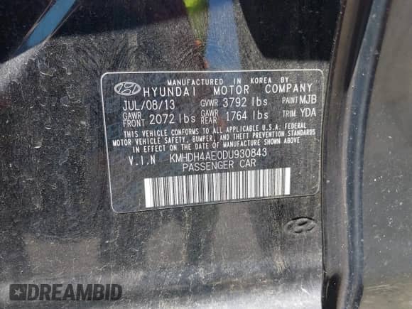 2013 Hyundai Elantra GLS with VIN KMHDH4AE0DU930843, listed as a IAAI auction lot 42388755 with 131,310 mi miles and . Bid and sale history available at DreamBid. Image 9.