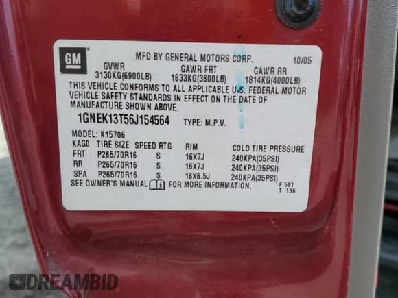 2006 Chevrolet Tahoe LS with VIN 1GNEK13T56J154564, listed as a Copart auction lot 57826795 with 137,379 mi miles and Salvage title. Bid and sale history available at DreamBid. Image 13.