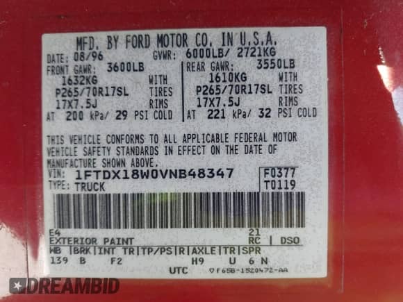 1997 Ford F-150 XL с VIN 1FTDX18W0VNB48347, выставлен на аукционе IAAI как лот 43389735 с пробегом 233 591 миль миль и . История ставок и продаж доступна на DreamBid. Изображение 9.