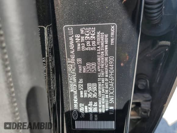 2023 Hyundai Santa Cruz Night Edition with VIN 5NTJCDAF6PH044900, listed as a Copart auction lot 61789325 with 34,520 mi miles and Salvage title. Bid and sale history available at DreamBid. Image 13.