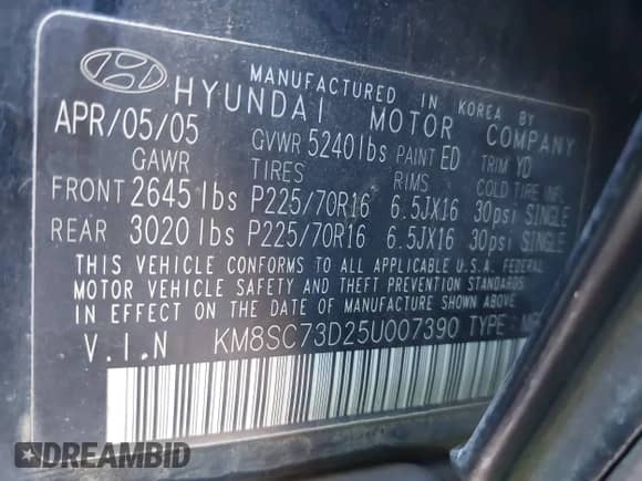 2005 Hyundai Santa Fe GLS с VIN KM8SC73D25U007390, выставлен на аукционе IAAI как лот 40127766 с пробегом 177 690 миль миль и . История ставок и продаж доступна на DreamBid. Изображение 9.