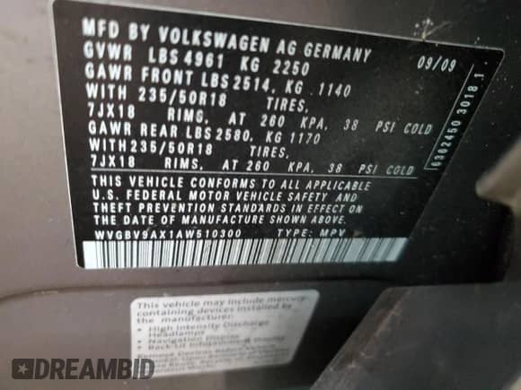 2010 Volkswagen Tiguan с VIN WVGBV9AX1AW510300, выставлен на аукционе Copart как лот 49428965 с пробегом 63 871 миль миль и Списание • Salvage title. История ставок и продаж доступна на DreamBid. Изображение 13.