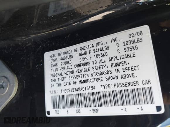 2008 Honda Accord EX with VIN 1HGCS12748A015194, listed as a IAAI auction lot 43404280 with 239,249 mi miles and . Bid and sale history available at DreamBid. Image 9.