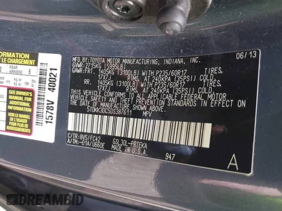2013 Toyota Sienna LE AAS with VIN 5TDKK3DC5DS387611, listed as a IAAI auction lot 43327964 with 261,255 mi miles and . Bid and sale history available at DreamBid. Image 9.