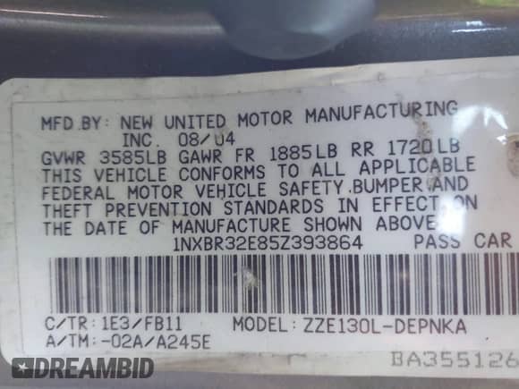 2005 Toyota Corolla CE с VIN 1NXBR32E85Z393864, выставлен на аукционе IAAI как лот 43447773 с пробегом 165 926 миль миль и . История ставок и продаж доступна на DreamBid. Изображение 9.