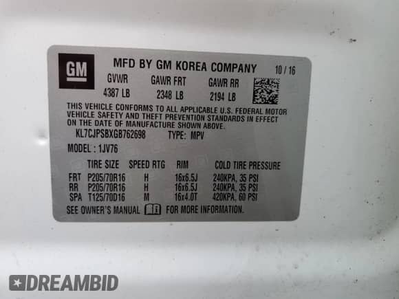 2016 Chevrolet Trax LT z VIN KL7CJPSBXGB762698, wystawiony jako Copart lot #87237255 z przebiegiem 92 520 mil mil oraz Szkoda całkowita • Salvage title. Historia ofert i sprzedaży dostępna na DreamBid. Obrazek 14.