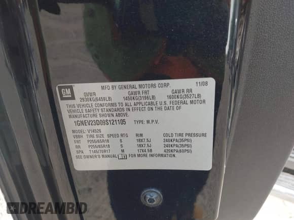2009 Chevrolet Traverse 2LT with VIN 1GNEV23D09S121105, listed as a IAAI auction lot 42471423 with 156,946 mi miles and . Bid and sale history available at DreamBid. Image 9.