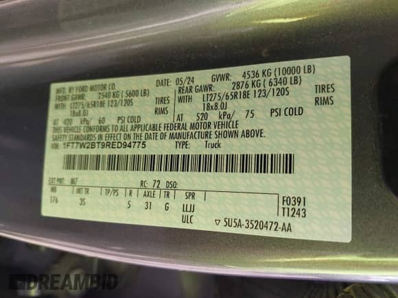 2024 Ford F-250 XL z VIN 1FT7W2BT9RED94775, wystawiony jako IAAI lot #43105364 z przebiegiem 24 412 mil mil oraz . Historia ofert i sprzedaży dostępna na DreamBid. Obrazek 9.