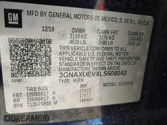 2020 Chevrolet Equinox LT z VIN 3GNAXUEVXLS608043, wystawiony jako IAAI lot #43059892 z przebiegiem 83 116 mil mil oraz . Historia ofert i sprzedaży dostępna na DreamBid. Obrazek 9.