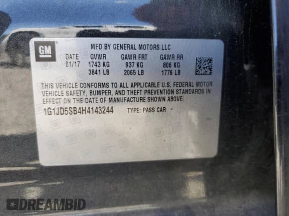 2017 Chevrolet Sonic LT with VIN 1G1JD5SB4H4143244, listed as a Copart auction lot 59178825 with Not provided miles and Salvage title. Bid and sale history available at DreamBid. Image 12.