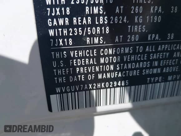 2017 Volkswagen Tiguan Sport with VIN WVGUV7AX2HK029485, listed as a IAAI auction lot 42548916 with 116,375 mi miles and . Bid and sale history available at DreamBid. Image 9.