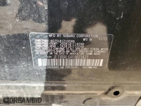 2023 Subaru WRX Limited с VIN JF1VBAL64P9823421, выставлен на аукционе Copart как лот 52038585 с пробегом 14 794 миль миль и Списание • Salvage title. История ставок и продаж доступна на DreamBid. Изображение 14.