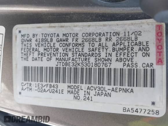 2003 Toyota Camry LE with VIN JTDBE32K530180767, listed as a IAAI auction lot 43276458 with 189,568 mi miles and . Bid and sale history available at DreamBid. Image 9.